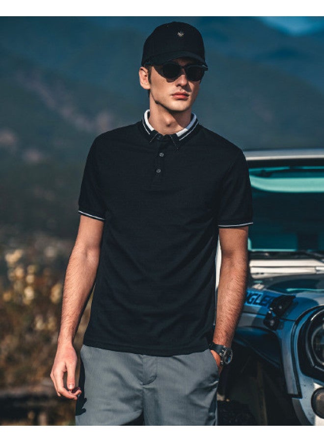 Cool & Antibacterial】pique Stripe Polo Shirt For Men - Contrast Collar Breathable T-shirt - Image 1