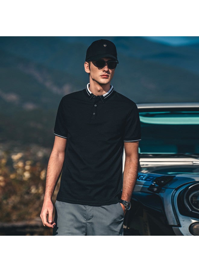 Cool & Antibacterial】pique Stripe Polo Shirt For Men - Contrast Collar Breathable T-shirt - Image 3