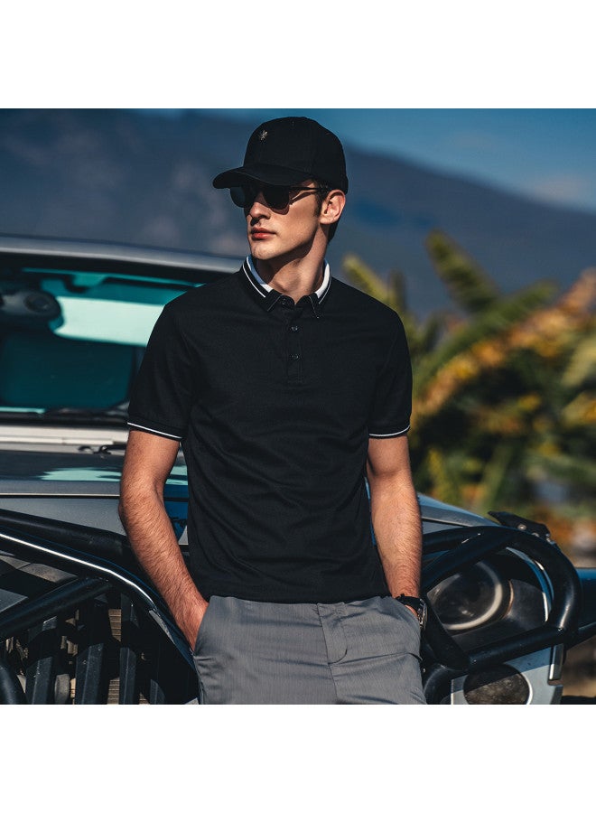 Cool & Antibacterial】pique Stripe Polo Shirt For Men - Contrast Collar Breathable T-shirt - Image 4