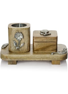 Roman Gifts Set of 3 Elegant Solid Wood Incense Burner with Aluminum Inlays Premium Collection with Tray Holder & Burner for Home Décor or tabletop  - Image 1