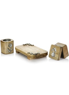 Roman Gifts Set of 3 Elegant Solid Wood Incense Burner with Aluminum Inlays Premium Collection with Tray Holder & Burner for Home Décor or tabletop  - Image 2
