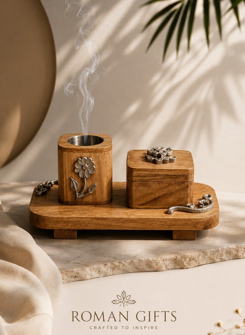 Roman Gifts Set of 3 Elegant Solid Wood Incense Burner with Aluminum Inlays Premium Collection with Tray Holder & Burner for Home Décor or tabletop - Image 1