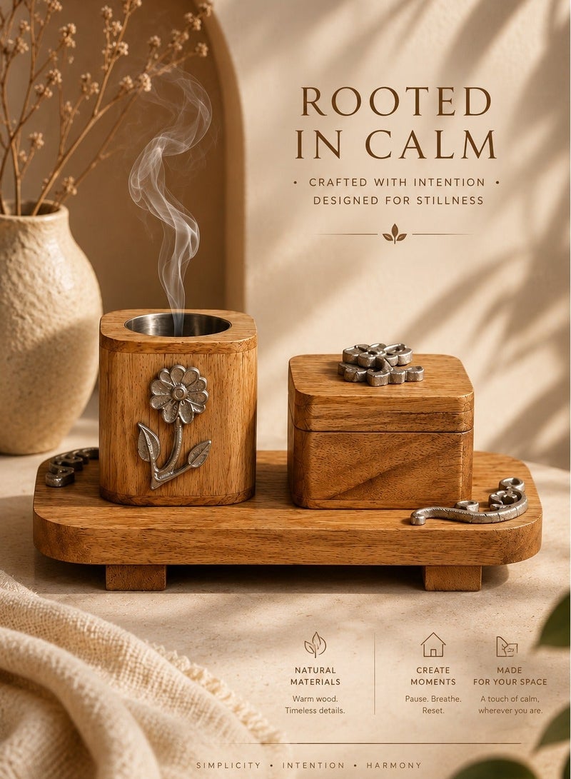 Roman Gifts Set of 3 Elegant Solid Wood Incense Burner with Aluminum Inlays Premium Collection with Tray Holder & Burner for Home Décor or tabletop - Image 3
