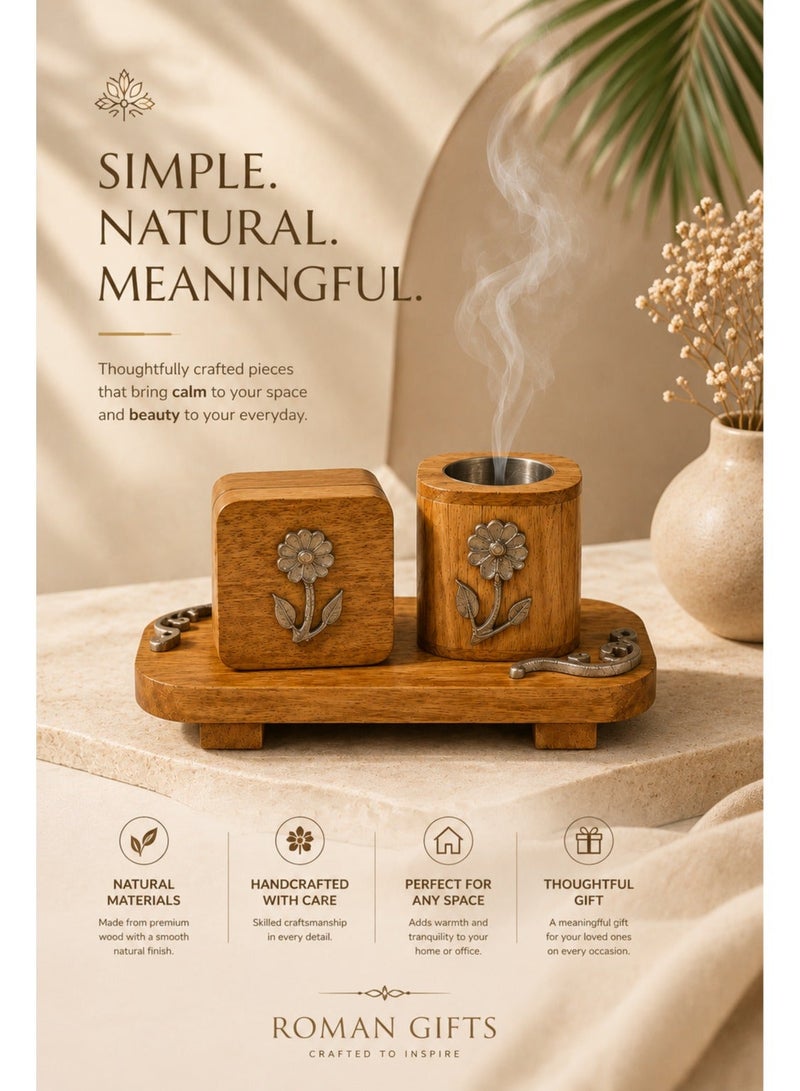 Roman Gifts Set of 3 Elegant Solid Wood Incense Burner with Aluminum Inlays Premium Collection with Tray Holder & Burner for Home Décor or tabletop - Image 2