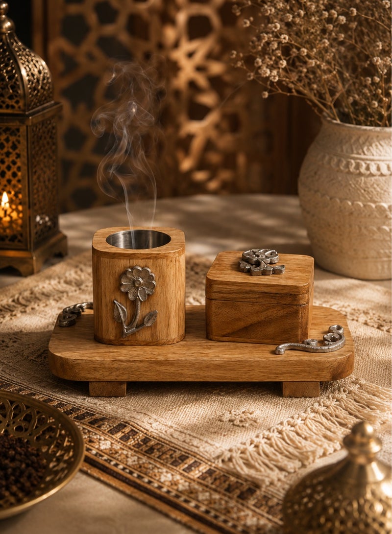 Roman Gifts Set of 3 Elegant Solid Wood Incense Burner with Aluminum Inlays Premium Collection with Tray Holder & Burner for Home Décor or tabletop - Image 4