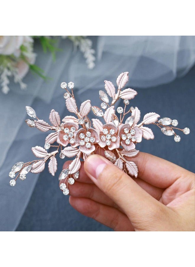Foyte Bride Flower Hair Clip Rose Gold Crystal Weeding Headpieces Leaf Hair Accessories Floral Bridal Hair Pieces for Women and Brides (Rose Gold) - Image 1
