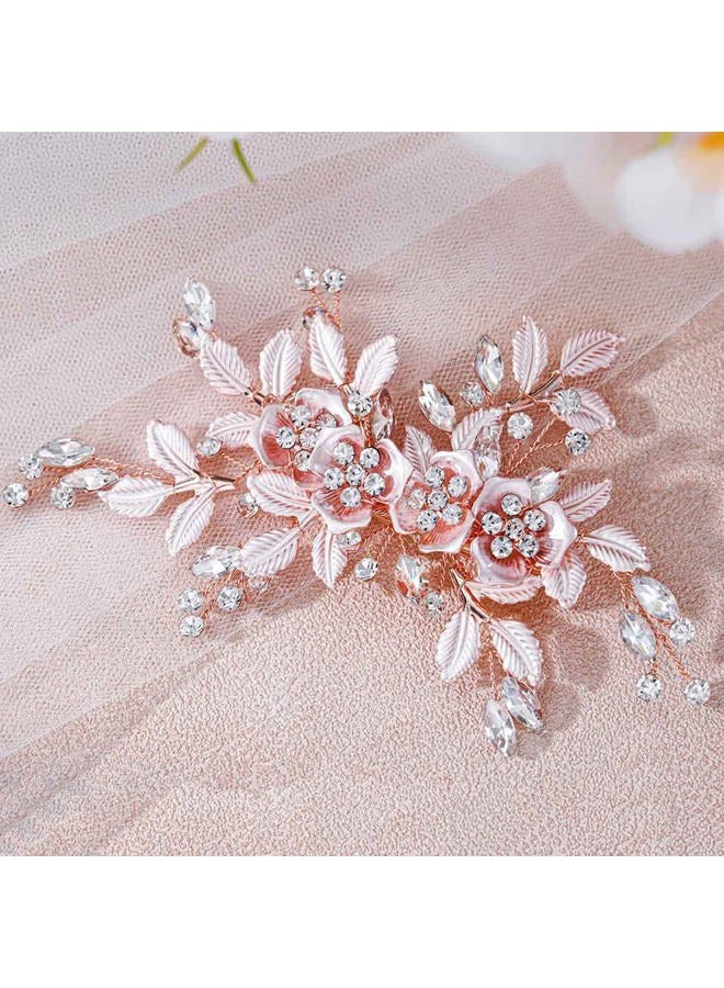 Foyte Bride Flower Hair Clip Rose Gold Crystal Weeding Headpieces Leaf Hair Accessories Floral Bridal Hair Pieces for Women and Brides (Rose Gold) - Image 2