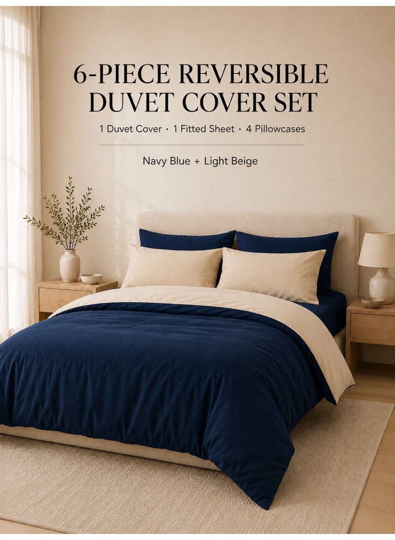 Good Sleep King Size Duvet Cover Set | 6 Piece Reversible | 220x240 cm | Midnight Blue & Light Beige Dual-Tone | Duvet Cover with Deep-Pocket Fitted Sheet & 4 Pillowcases | Ultra-Soft, Wrinkle-Free | Made in Dubai - Image 1