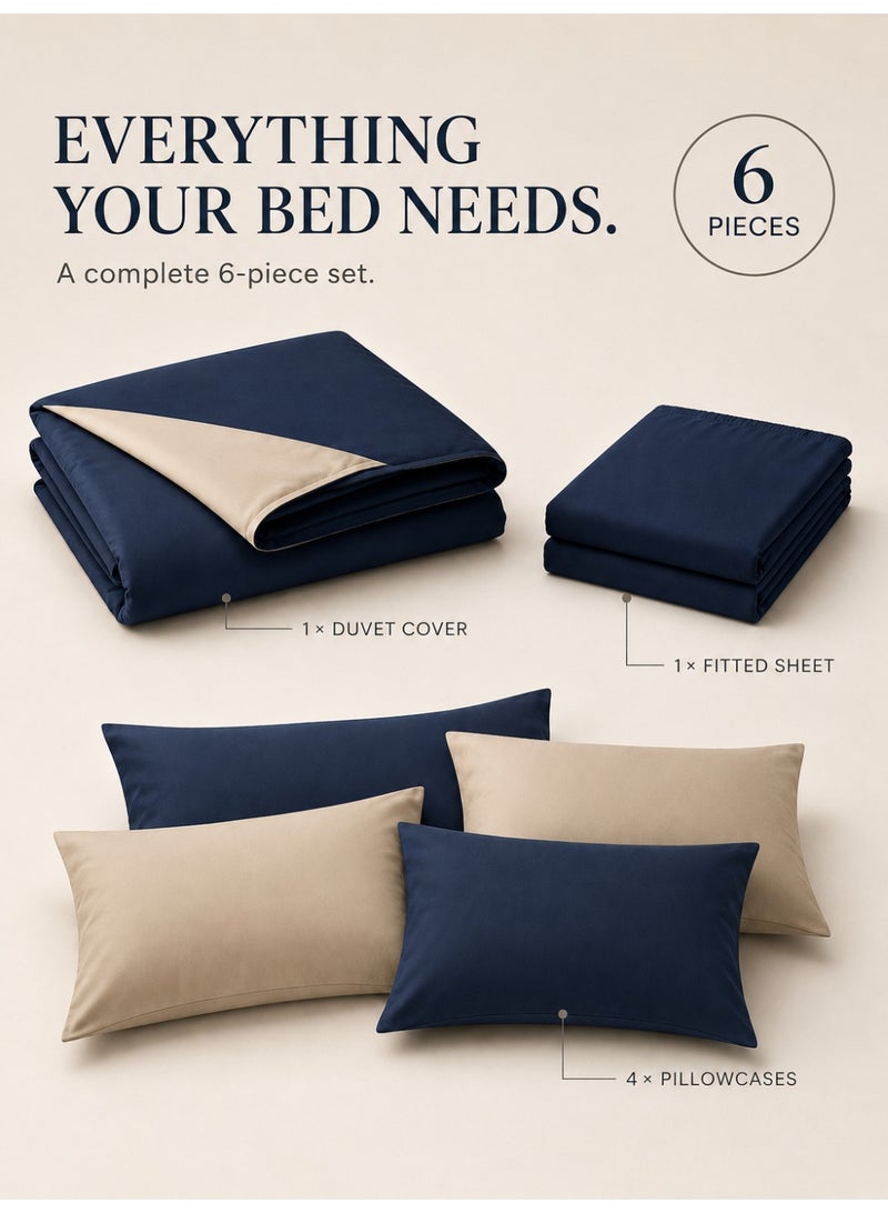 Good Sleep King Size Duvet Cover Set | 6 Piece Reversible | 220x240 cm | Midnight Blue & Light Beige Dual-Tone | Duvet Cover with Deep-Pocket Fitted Sheet & 4 Pillowcases | Ultra-Soft, Wrinkle-Free | Made in Dubai - Image 3