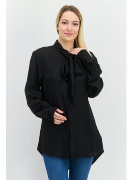 GANT Women Tie Neck Long Sleeves Plain Casual Shirt, Black  - Image 1