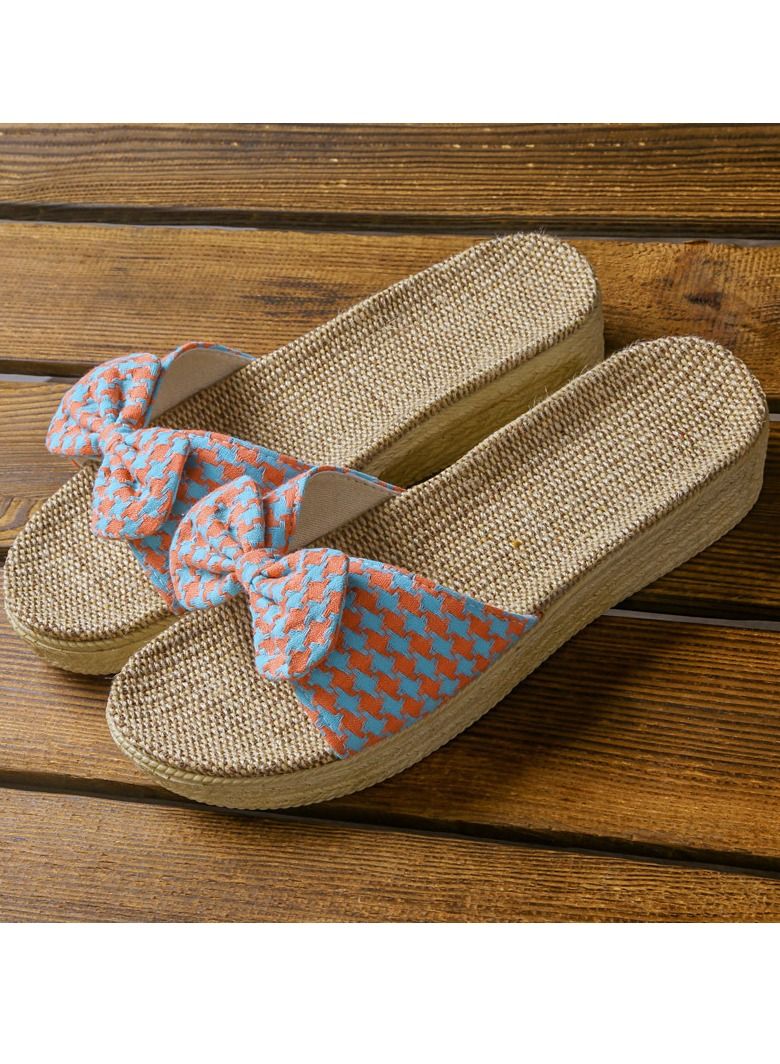 Loquat Women's Bowknot Thick Soled Flax Slippers Non Slip Linen Indoor Slippers Open Toe Rose Red Blue 