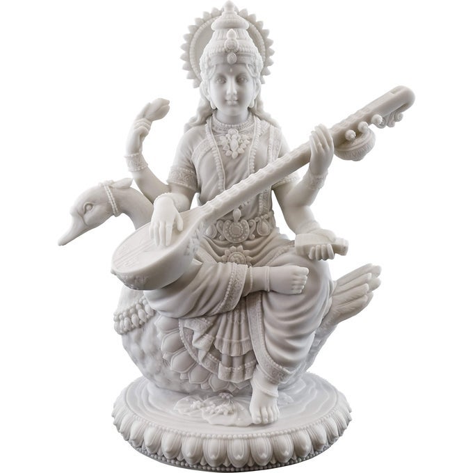 8 H 7 W SARASWATI ON SWAN STATUE IN WHITE MARBLE FINISH HINDU GODDESS OF KNOWLEDGE SCULPTURE