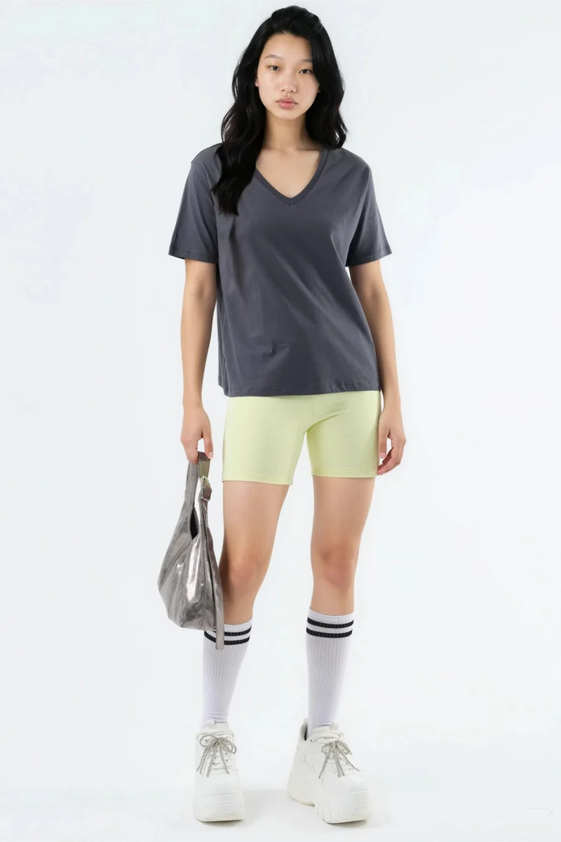 Busem Dark Grey BUSEM V-Neck Solid Knit T-Shirt for Women | Best Price UAE