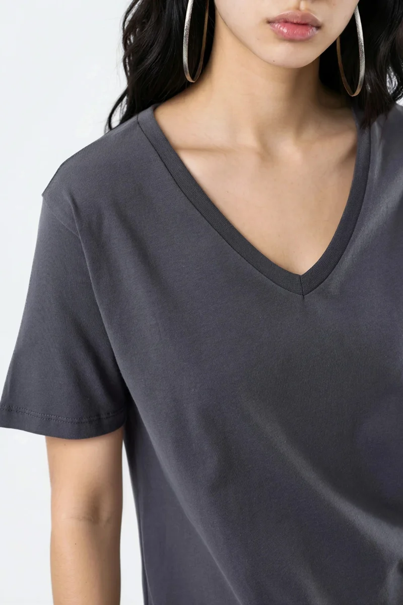 Busem Dark Grey BUSEM V-Neck Solid Knit T-Shirt for Women | Best Price UAE