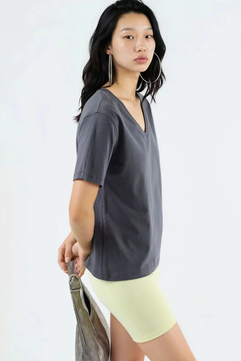 Busem Dark Grey BUSEM V-Neck Solid Knit T-Shirt for Women | Best Price UAE