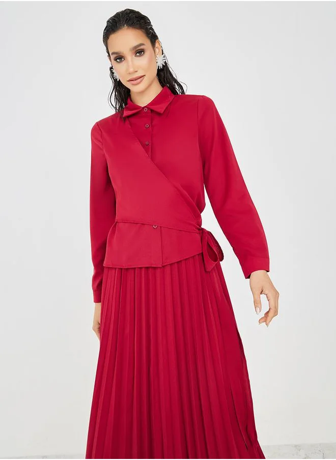 ستايلي Tie-Up Wrap Shirt & Pleated Skirt Co-Ords