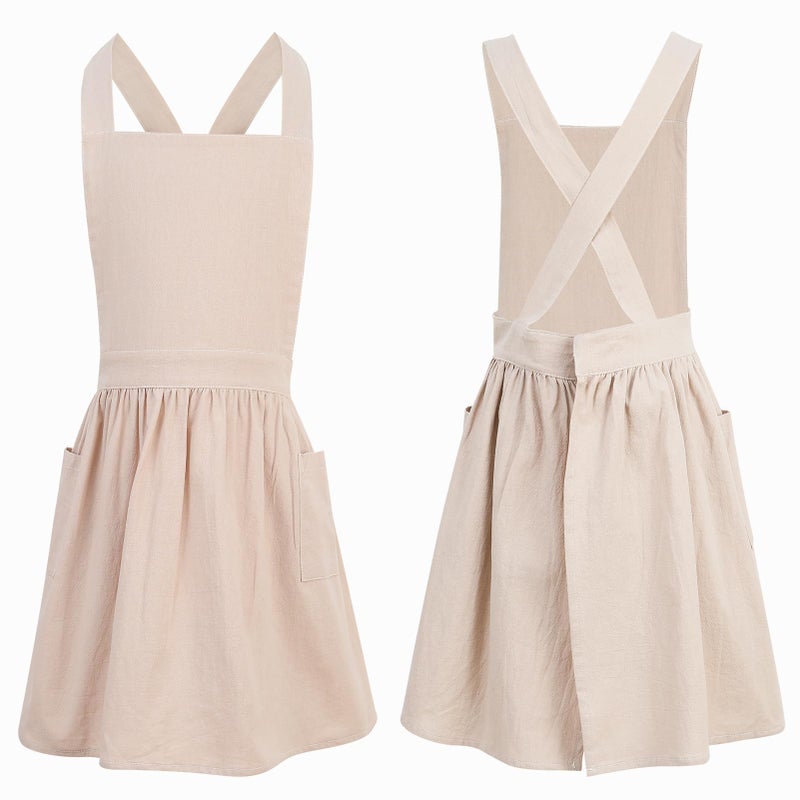 XLSXEXCL Kids Pinafore Apron, Cross Back Apron, Japanese Style Bib Aprons Home Clothes, Toddler Painting Artist Aprons with Pockets for Boys and Girls for Painting Cooking Baking Gardening (Beige) - Image 1