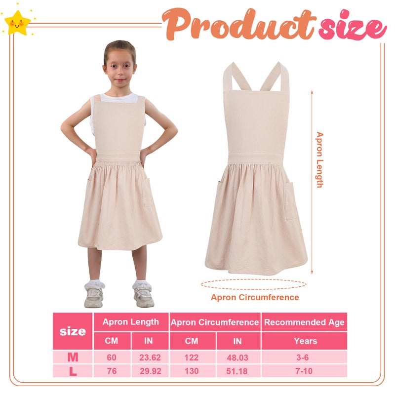 XLSXEXCL Kids Pinafore Apron, Cross Back Apron, Japanese Style Bib Aprons Home Clothes, Toddler Painting Artist Aprons with Pockets for Boys and Girls for Painting Cooking Baking Gardening (Beige) - Image 2