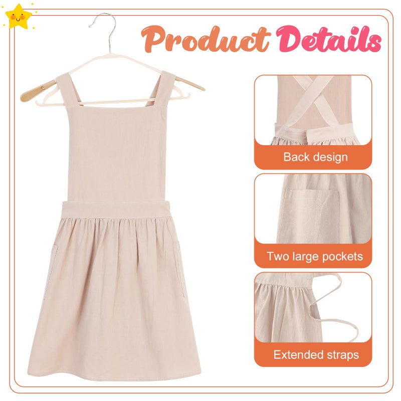 XLSXEXCL Kids Pinafore Apron, Cross Back Apron, Japanese Style Bib Aprons Home Clothes, Toddler Painting Artist Aprons with Pockets for Boys and Girls for Painting Cooking Baking Gardening (Beige) - Image 3