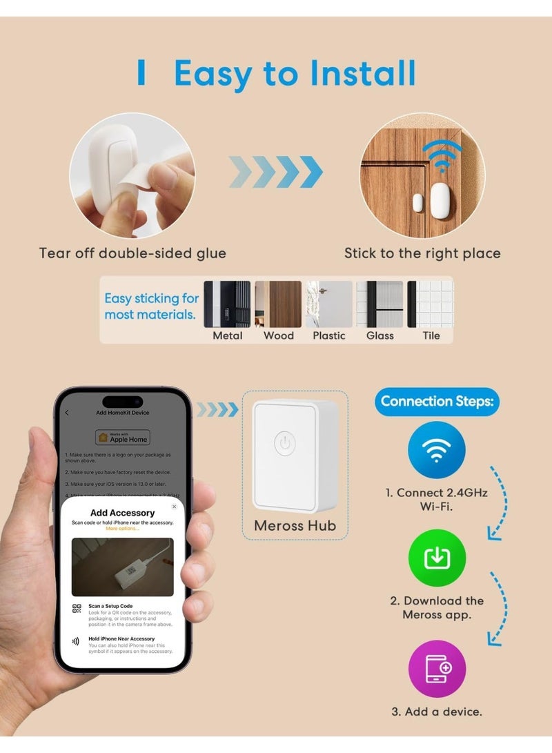 Meross Smart Door Window Sensor, Mini Contact Sensor for Security and Home Automation, WiFi Alarm System, Real-Time Alert, Works with HomeKit, Alexa, Google, SmartThings, Meross Hub Included Start Kit - Image 2