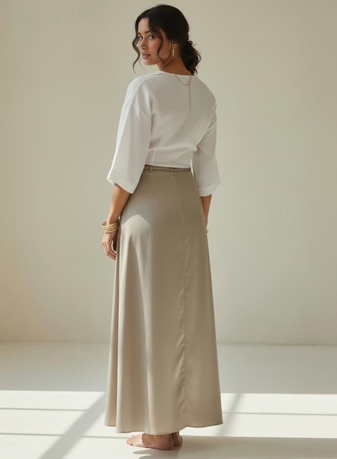 Take Two Beige Tie-Waist Pleated Details A-Line Maxi Skirt - Image 5