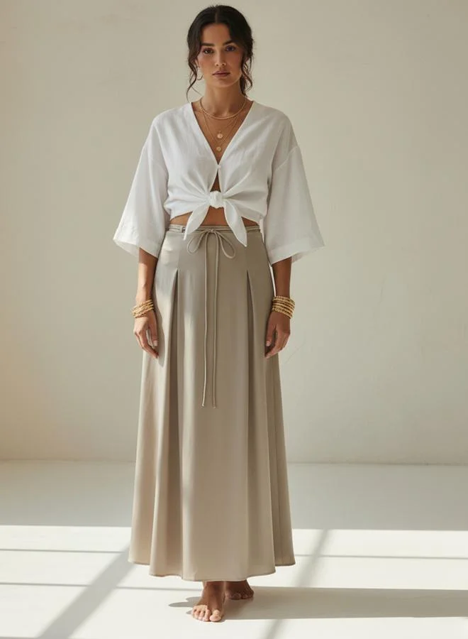 تايك تو Beige Tie-Waist Pleated Details A-Line Maxi Skirt
