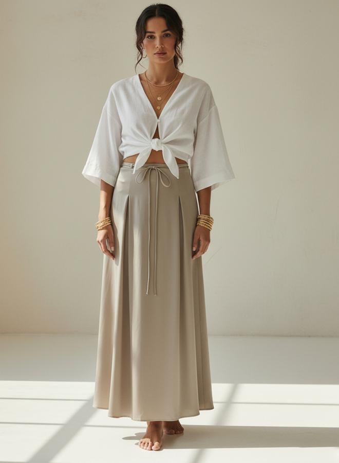 Take Two Beige Tie-Waist Pleated Details A-Line Maxi Skirt - Image 2