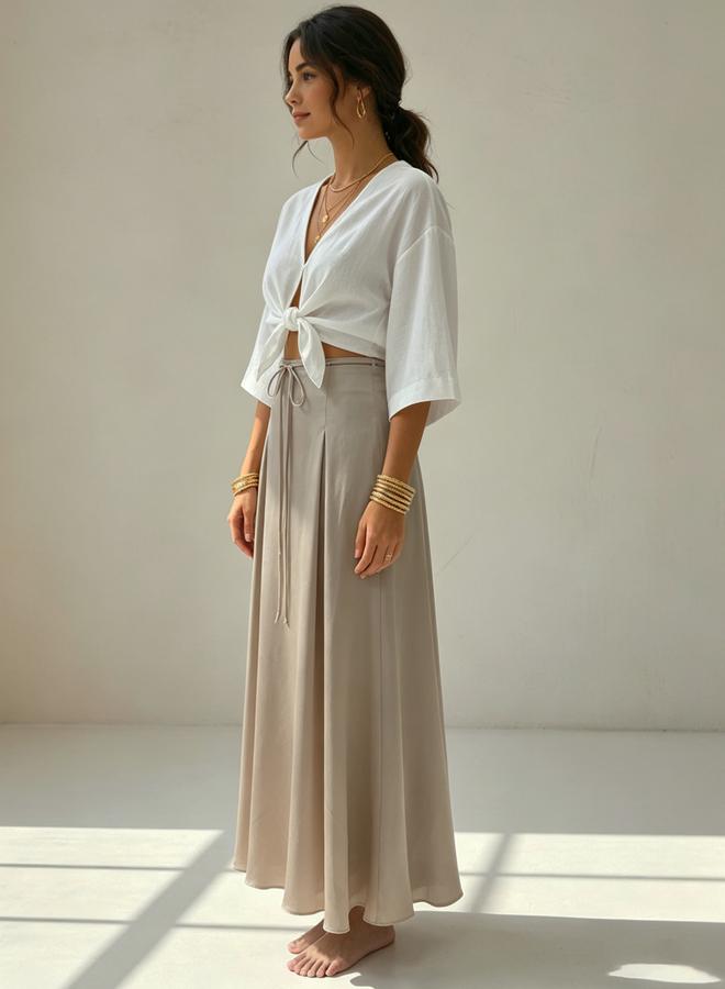 Take Two Beige Tie-Waist Pleated Details A-Line Maxi Skirt - Image 3