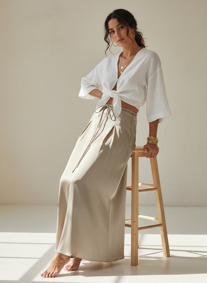 Take Two Beige Tie-Waist Pleated Details A-Line Maxi Skirt - Image 1