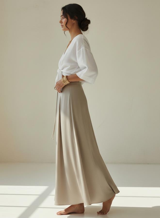 Take Two Beige Tie-Waist Pleated Details A-Line Maxi Skirt - Image 4