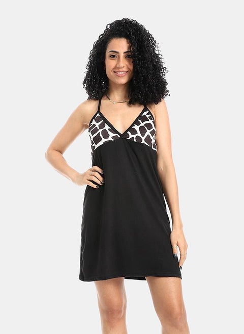 Black Printed Sleepshirt With Spaghetti Straps