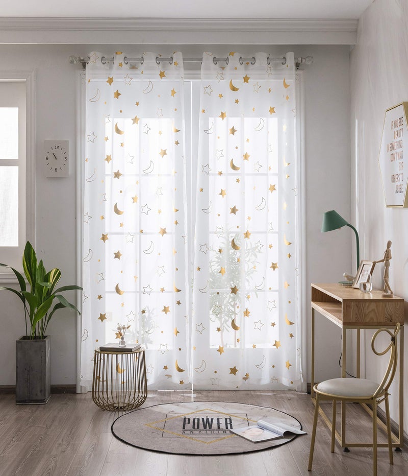 SEEKRIGHT Gold White Sheer Window Curtains Cute Curtains for Kids Bedroom 95 Inch Long Twinkle Little Star and Moon Gold Foil Print Curtains for Bedroom and Living Room Set 2 Panels