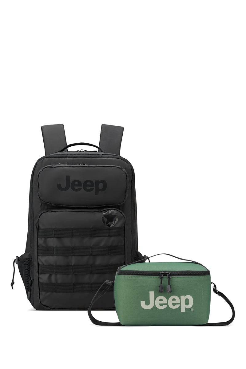 جيب حقيبة ظهر مبطنة JEEP TACTICAL للابتوب باللون الأسود مقاومة للماء، مناسبة لأجهزة حتى 15.6 بوصة، مع حقيبة غداء مجانية باللون الأخضر العسكري (Army Green) – طقم مكون من قطعتين. - Image 1