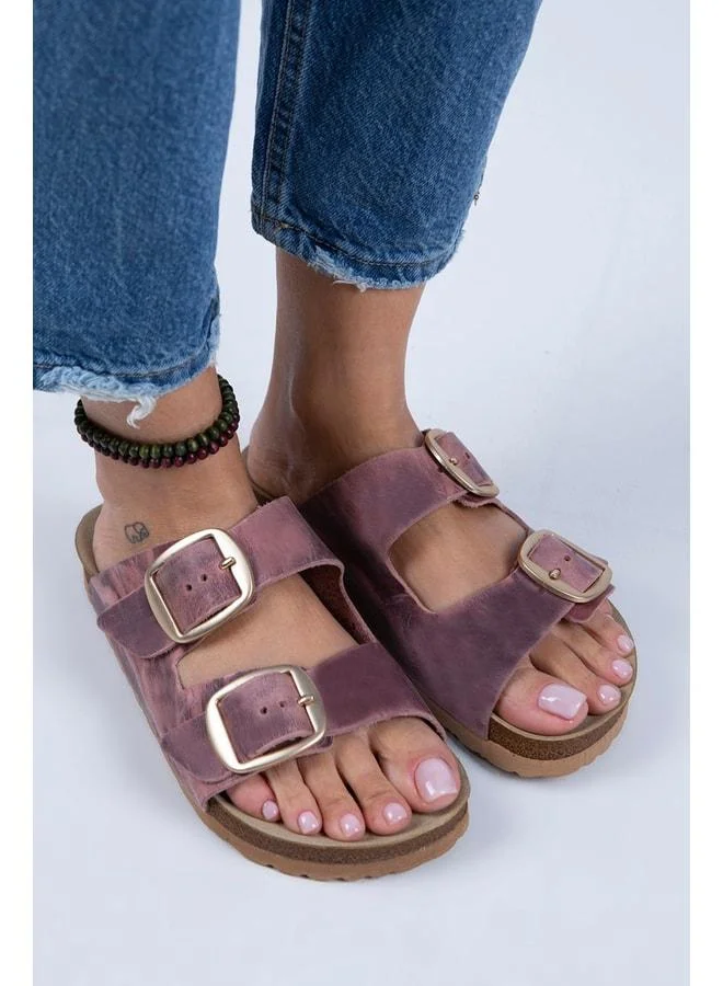 Manijero  Irene 2 Women's Vintage Genuine Leather Double Buckle Burgundy - Gold Slippers - Burgundy for Women | Best Price UAE