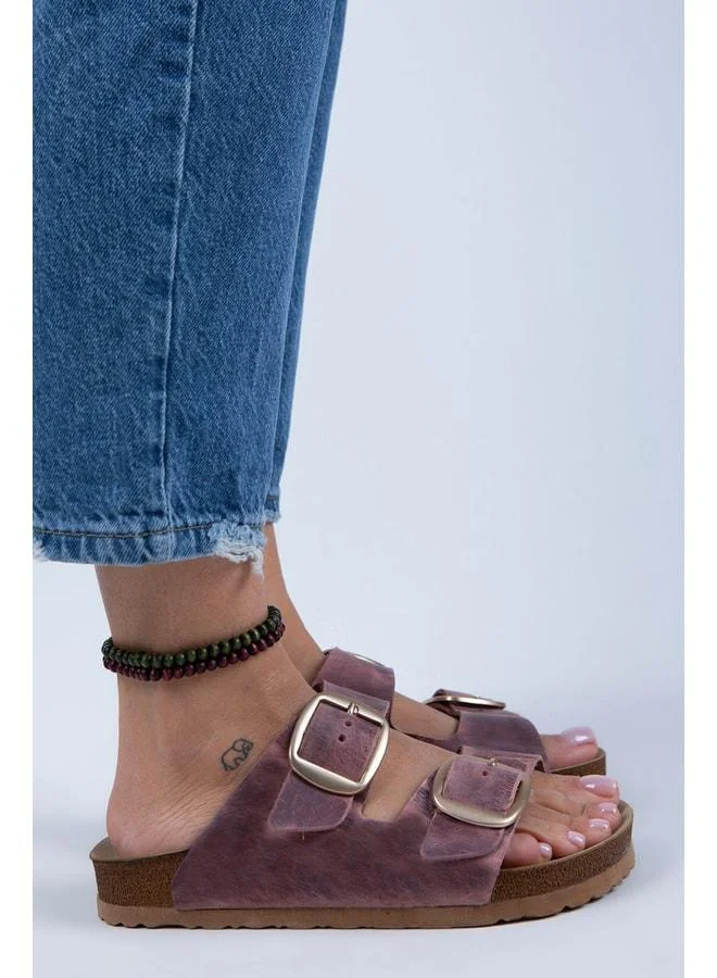 Irene 2 Women's Vintage Genuine Leather Double Buckle Burgundy - Gold Slippers - Burgundy