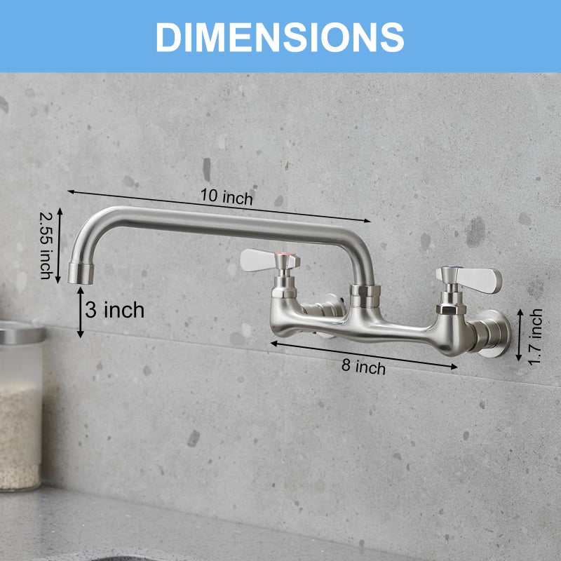 BWE Wall Mount Kitchen Faucets 8"" Center Kitchen Sink Faucet with10 Inch Swivel Spout Two Handle Laundry Sink Faucet Commercial Sink Faucet Mixer Tap Brushed Nickel - Image 5