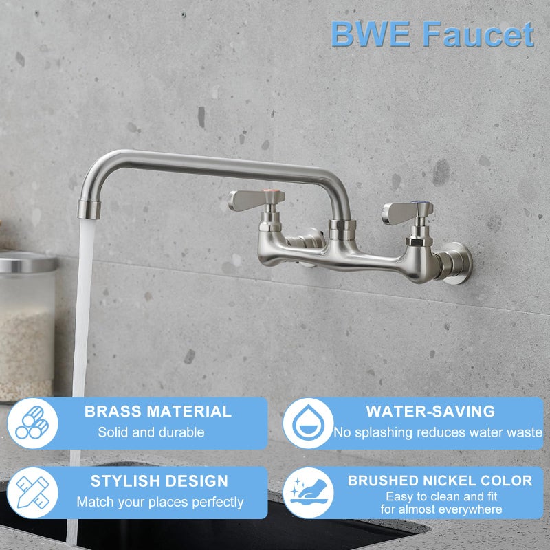 BWE Wall Mount Kitchen Faucets 8"" Center Kitchen Sink Faucet with10 Inch Swivel Spout Two Handle Laundry Sink Faucet Commercial Sink Faucet Mixer Tap Brushed Nickel - Image 2