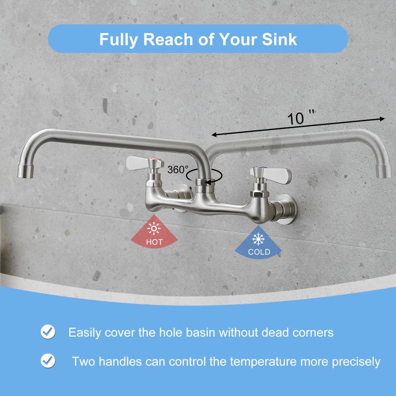 BWE Wall Mount Kitchen Faucets 8"" Center Kitchen Sink Faucet with10 Inch Swivel Spout Two Handle Laundry Sink Faucet Commercial Sink Faucet Mixer Tap Brushed Nickel - Image 4