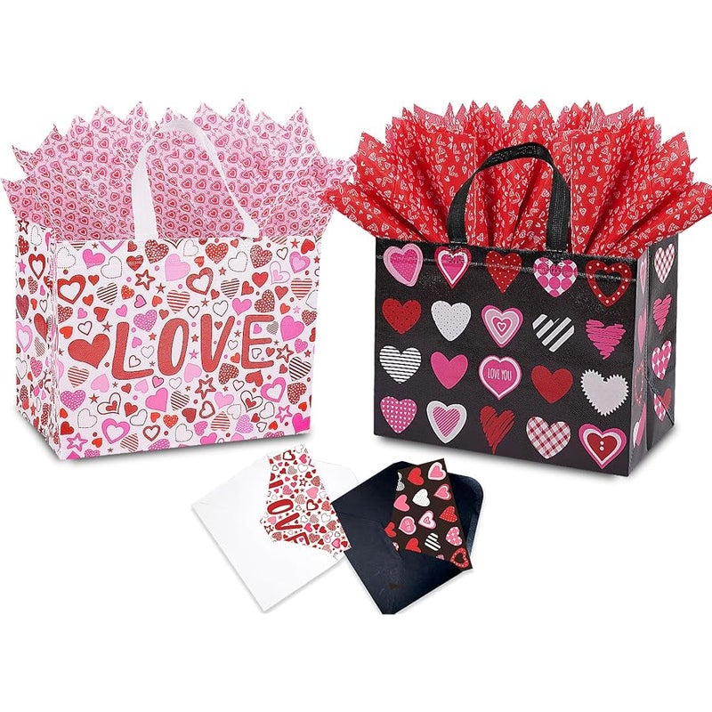 Jaywayang 2PCS 12.6 Valentines Gift Bags With Tissue Paper and Card, Large Valentine's Day Gift Bags Reusable Love Heart Valentines Bags, Valentines Goodie Bags(White, Black) - Image 1