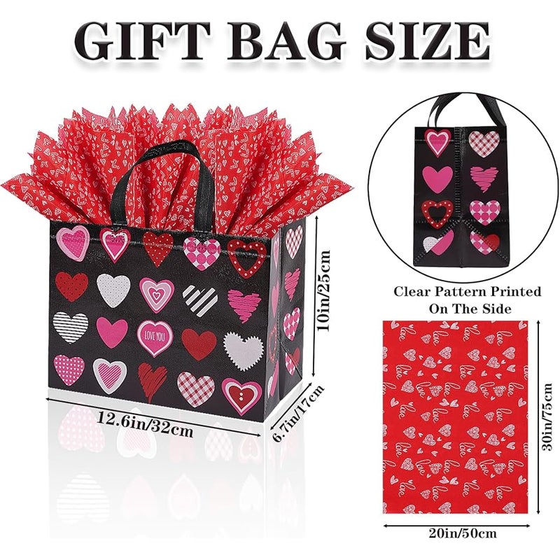 Jaywayang 2PCS 12.6 Valentines Gift Bags With Tissue Paper and Card, Large Valentine's Day Gift Bags Reusable Love Heart Valentines Bags, Valentines Goodie Bags(White, Black) - Image 2