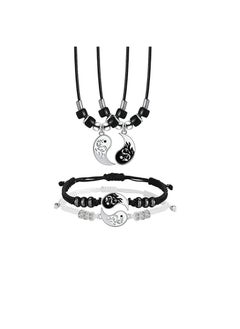 Stainless Steel Yin Yang Pendant Necklace and Bracelet Set 2 Pieces Dragon Yin Yang Adjustable Cord Bracelets 2 Pieces Dragon Yin Yang Pendant Necklace Chains for Friendship Boyfriend Girlfriend