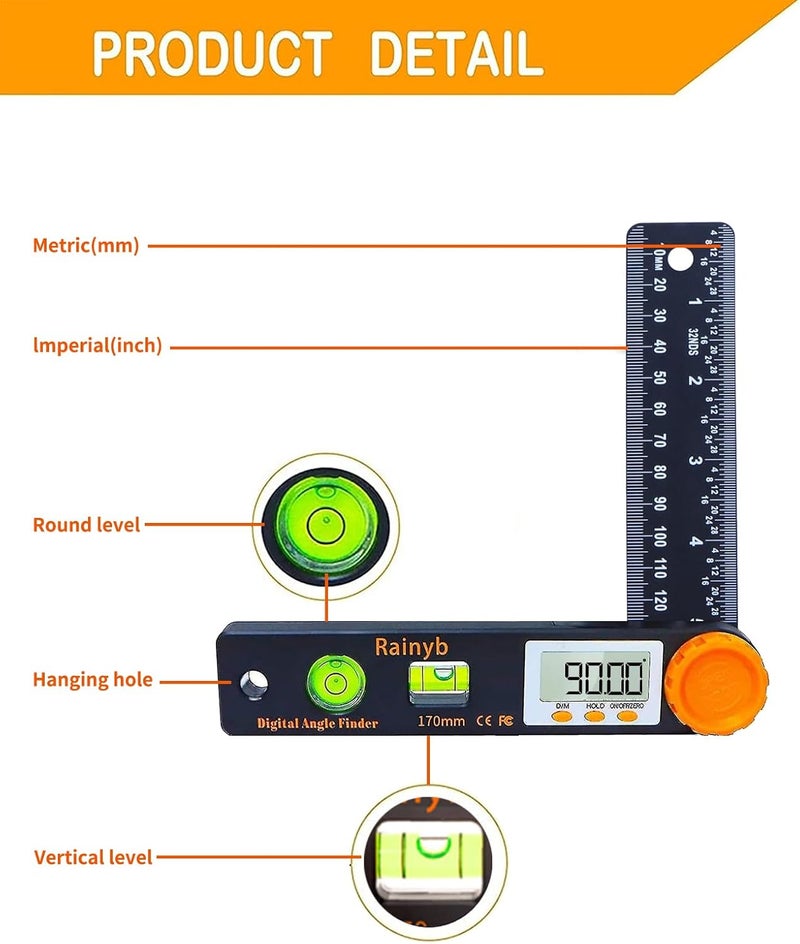 Rainyb Digital Angle Finder Tool 5 inch Pocket Protractor 0-360 degree LED Digital Protractor with Horizontal Bubble Levels and Ruler Meter Accurate Tool for Carpenters,Woodworkers,Fabricators（5 inch） - Image 2