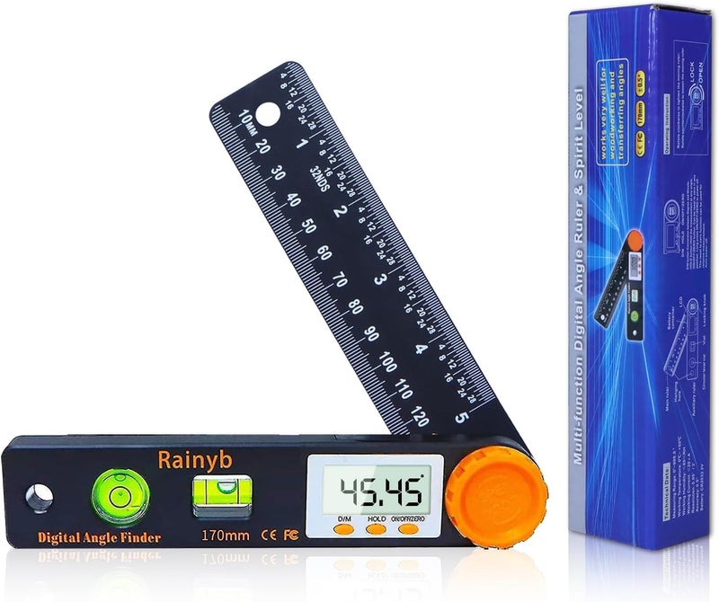 Rainyb Digital Angle Finder Tool 5 inch Pocket Protractor 0-360 degree LED Digital Protractor with Horizontal Bubble Levels and Ruler Meter Accurate Tool for Carpenters,Woodworkers,Fabricators（5 inch） - Image 1