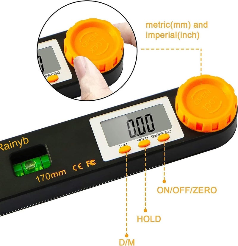 Rainyb Digital Angle Finder Tool 5 inch Pocket Protractor 0-360 degree LED Digital Protractor with Horizontal Bubble Levels and Ruler Meter Accurate Tool for Carpenters,Woodworkers,Fabricators（5 inch） - Image 4