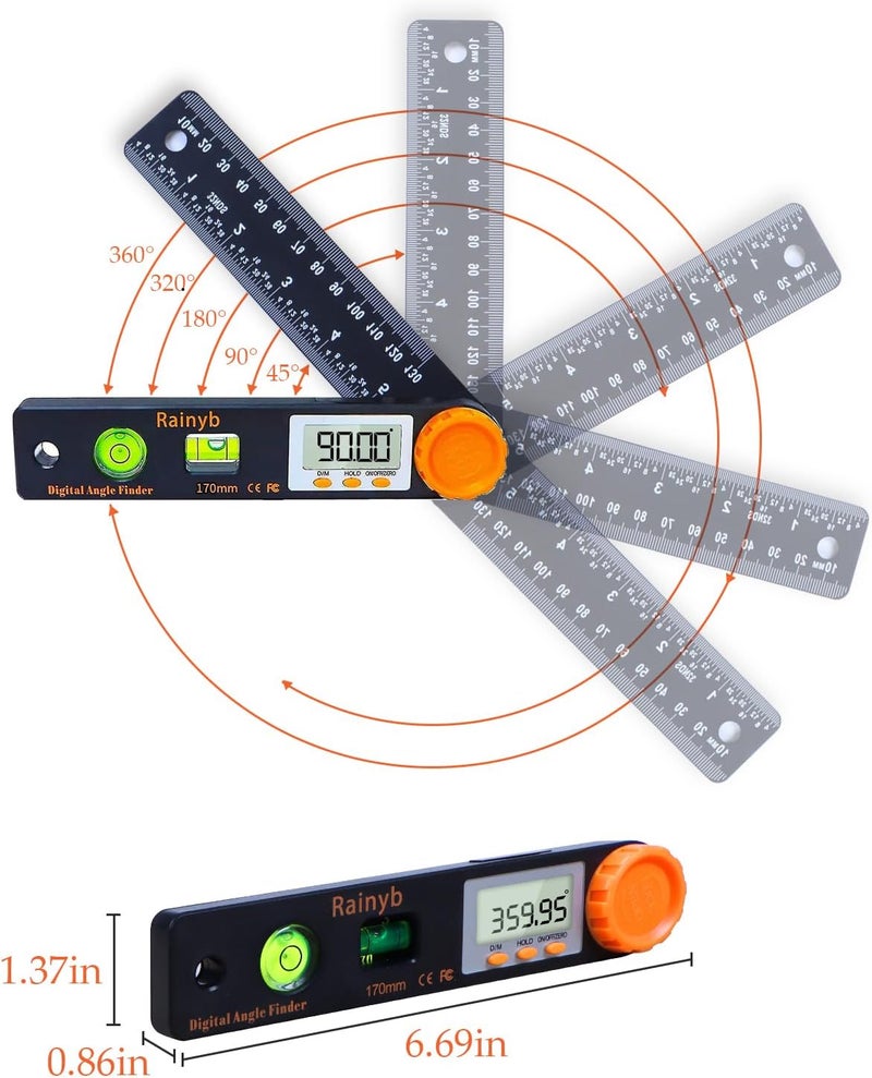 Rainyb Digital Angle Finder Tool 5 inch Pocket Protractor 0-360 degree LED Digital Protractor with Horizontal Bubble Levels and Ruler Meter Accurate Tool for Carpenters,Woodworkers,Fabricators（5 inch） - Image 3