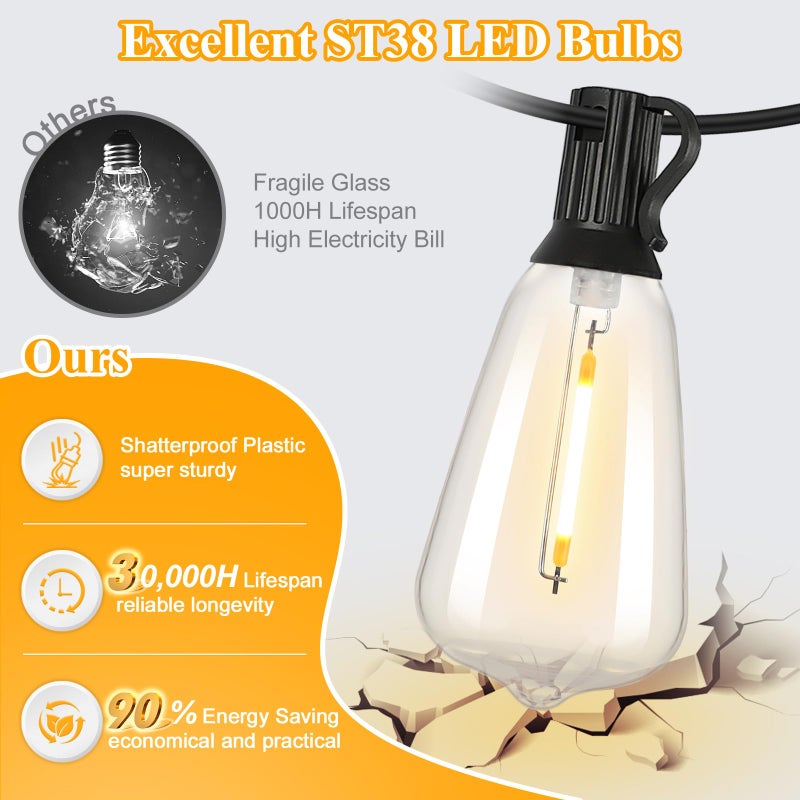 Brightever LED Outdoor String Lights 100FT Patio Lights with 52 Shatterproof ST38 Vintage Edison Bulbs, Outside Hanging Lights Waterproof for Porch, Deck, Garden, Backyard, Balcony, 2700K Dimmable - Image 2
