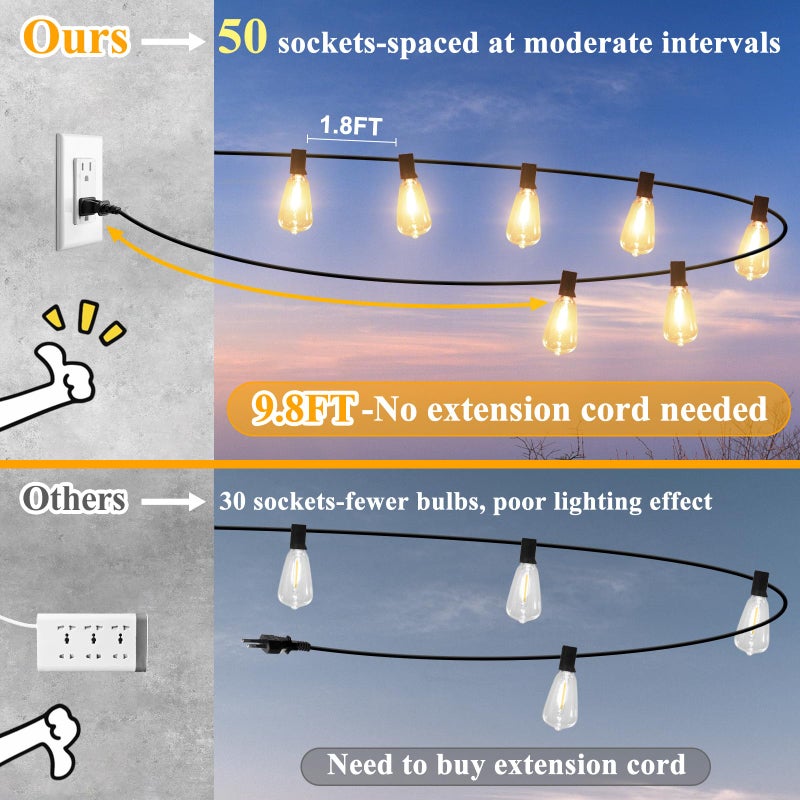 Brightever LED Outdoor String Lights 100FT Patio Lights with 52 Shatterproof ST38 Vintage Edison Bulbs, Outside Hanging Lights Waterproof for Porch, Deck, Garden, Backyard, Balcony, 2700K Dimmable - Image 3