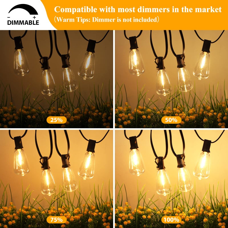 Brightever LED Outdoor String Lights 100FT Patio Lights with 52 Shatterproof ST38 Vintage Edison Bulbs, Outside Hanging Lights Waterproof for Porch, Deck, Garden, Backyard, Balcony, 2700K Dimmable - Image 4