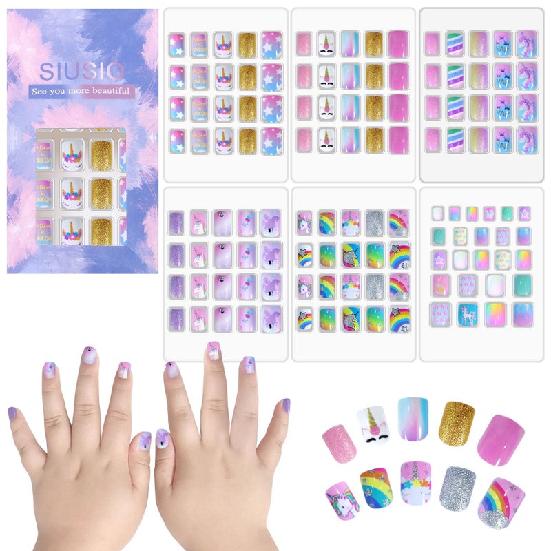 SIUSIO 124 Pcs 6 Pack Children Acrylic Fake Nails Press on Cute Preglue Full Cover Glitter Gradient Color Rainbow Short Kids Stick On False Nail Art Kits Set for Kids Little Girls  Dreamy Fairy