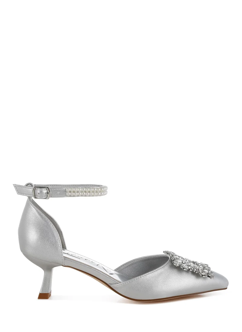 London Rag Diamante Brooch Kitten Heel Sandals in Silver